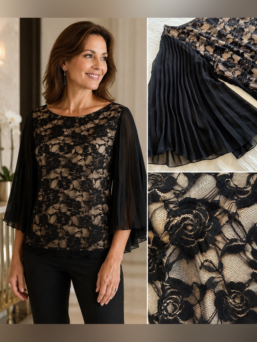 I.N. Studio lace blouse top black pleated sleeves size 1X